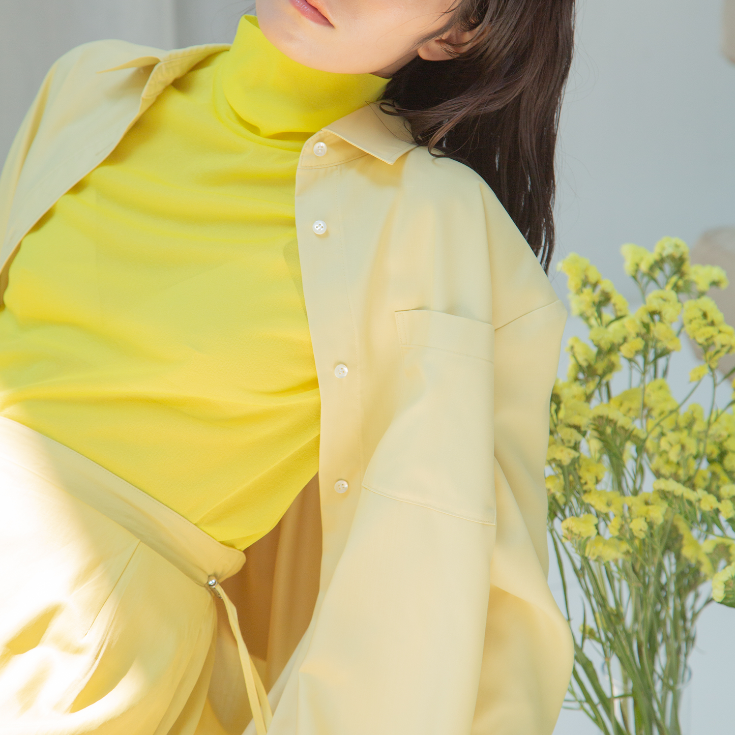 刺繍ハイネックカットソー|sheer jersey tops with flower embroidery